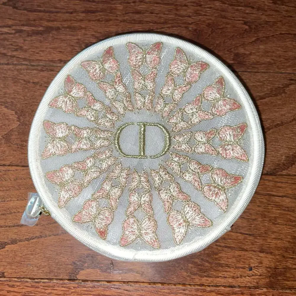 NWT Dior Pink Butterfly Round Mesh Vanity Jewelry Case Pouch